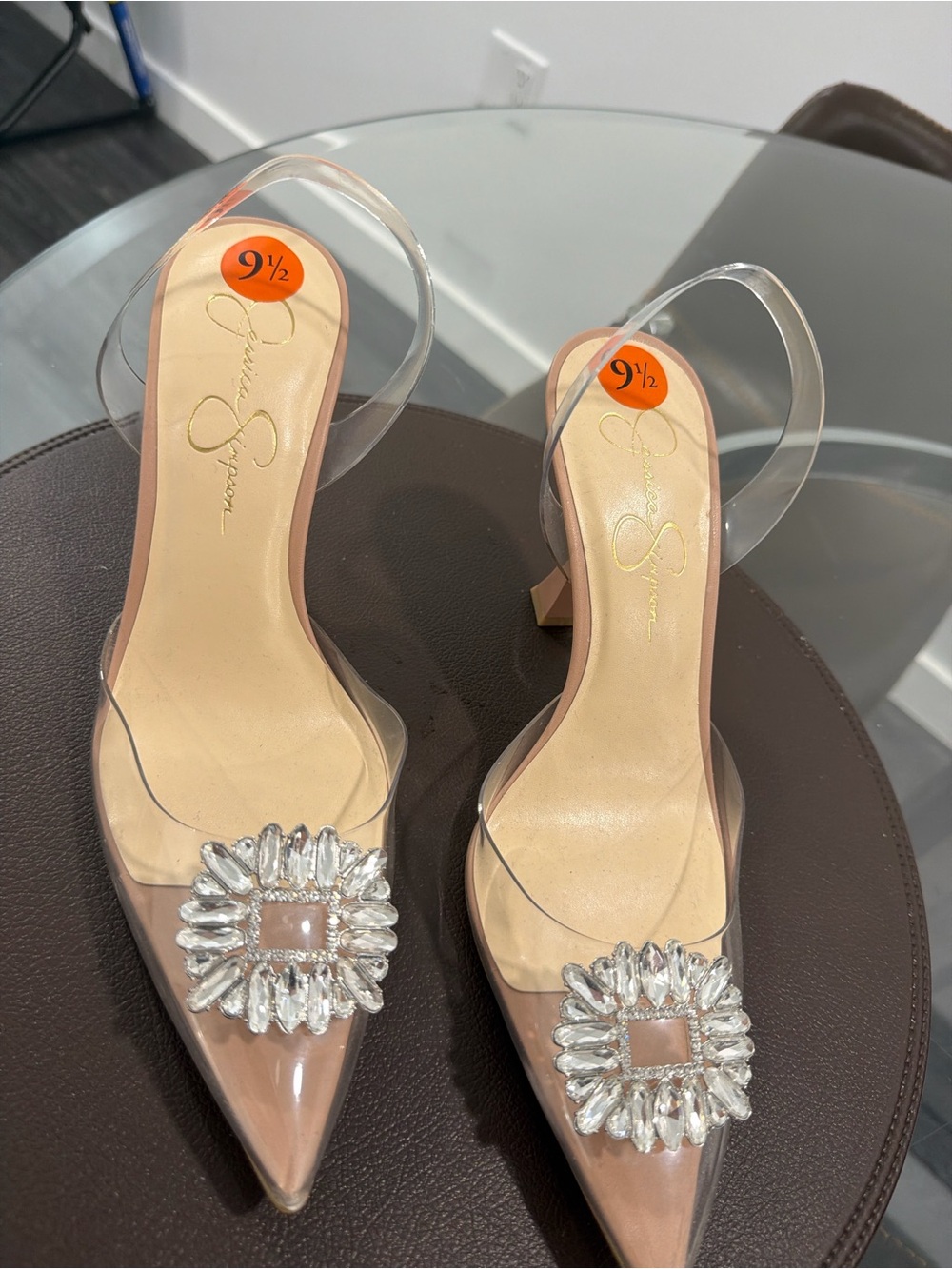 Jessica Simpson Nude Pointed Slingback Heels with Crystal Brooch